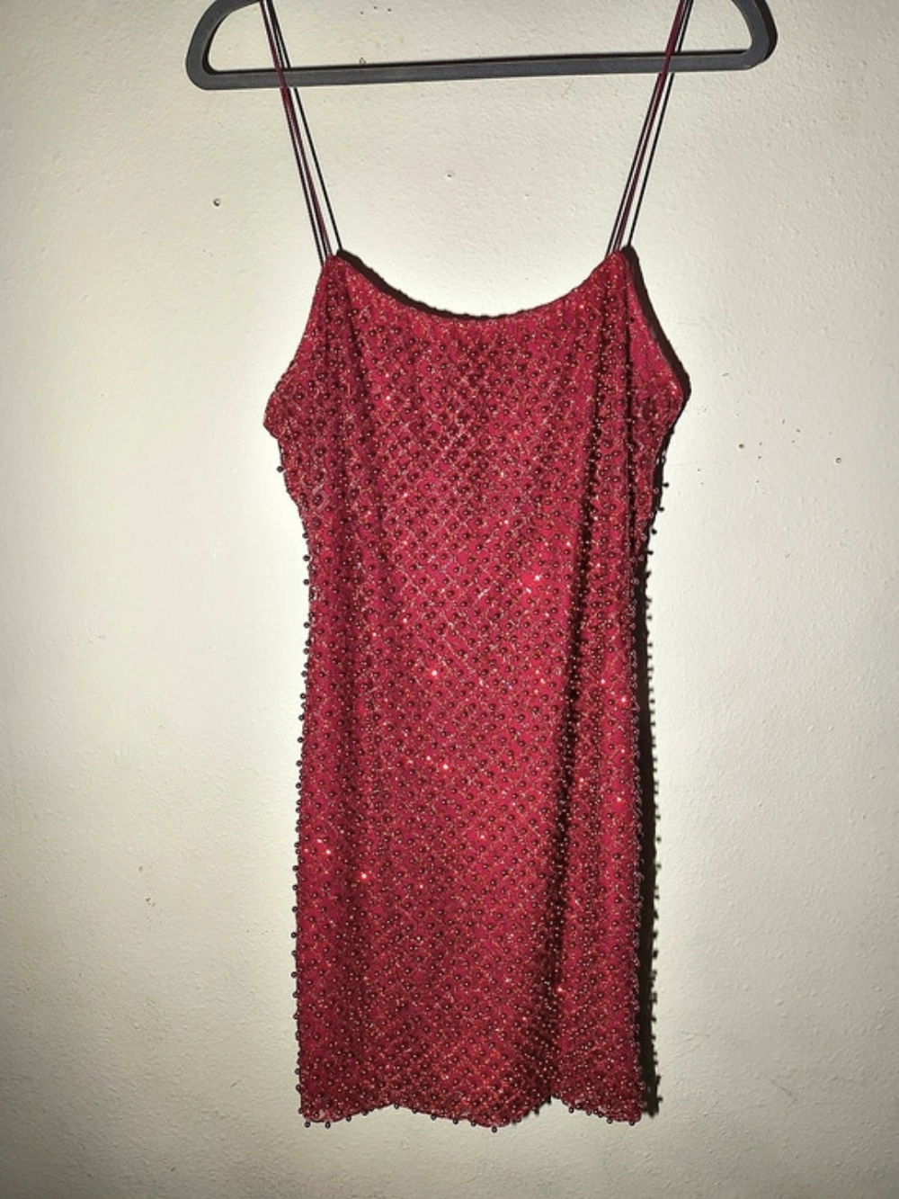 LUXXEL Red Burgundy Beaded Sequin Mini Slip Dress Size L Y2K Party